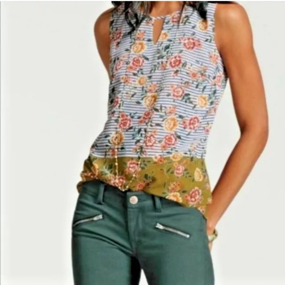 CAbi Penelope #5354 Mixed Print Stripe Floral Sleeveless Keyhole Tunic Tank